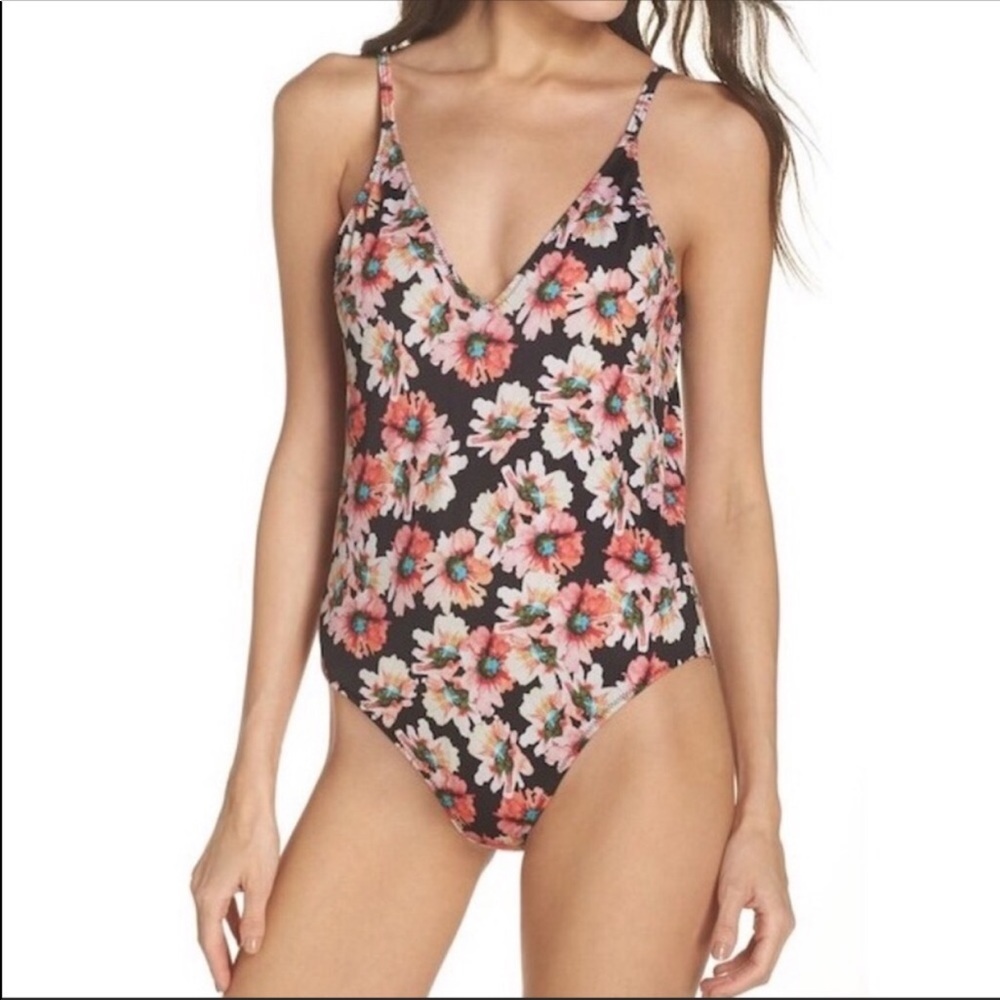 Leith Nordstrom Floral One Piece Swimsuit Bikini Beach Black NEW